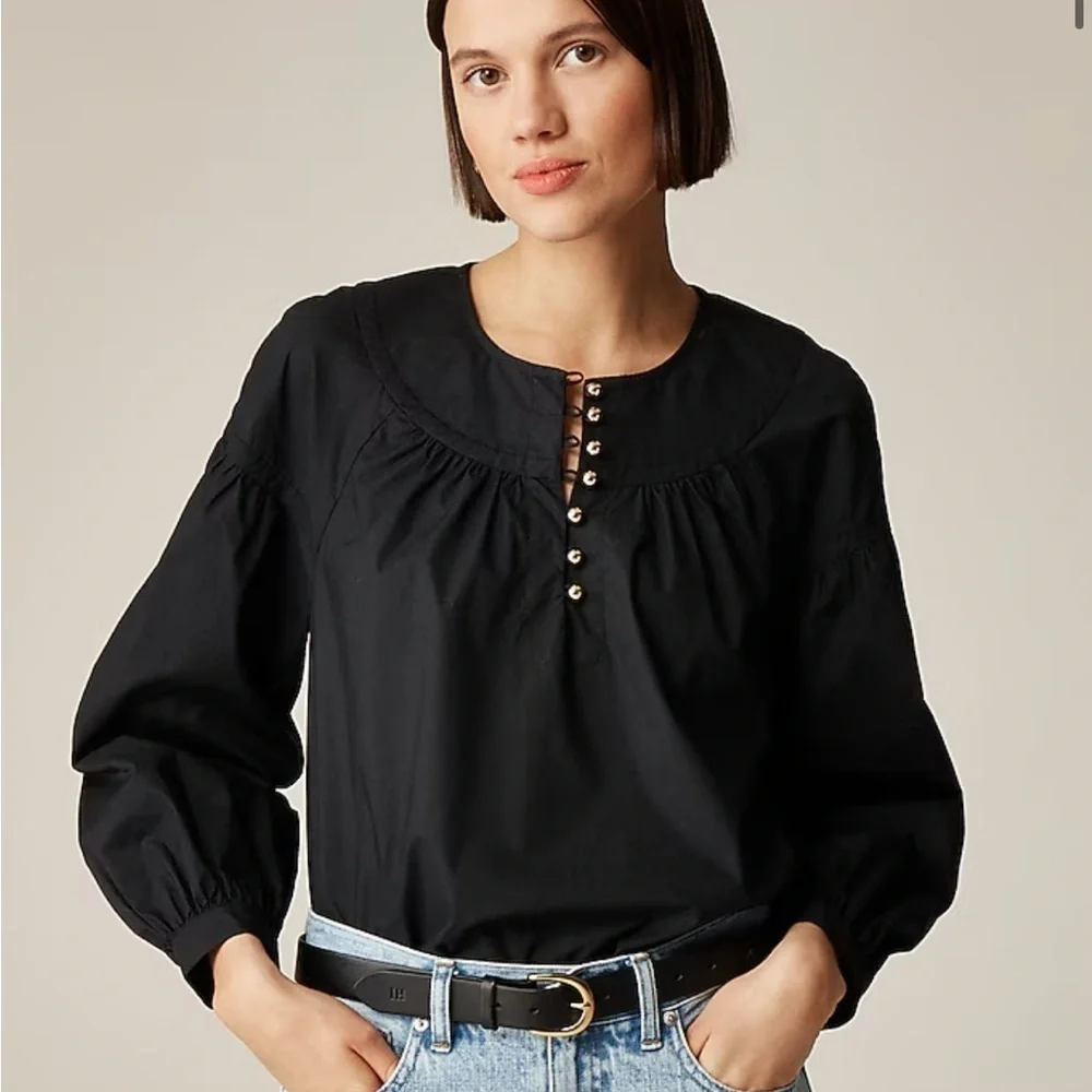 J crew black Shirred popover top in cotton poplin